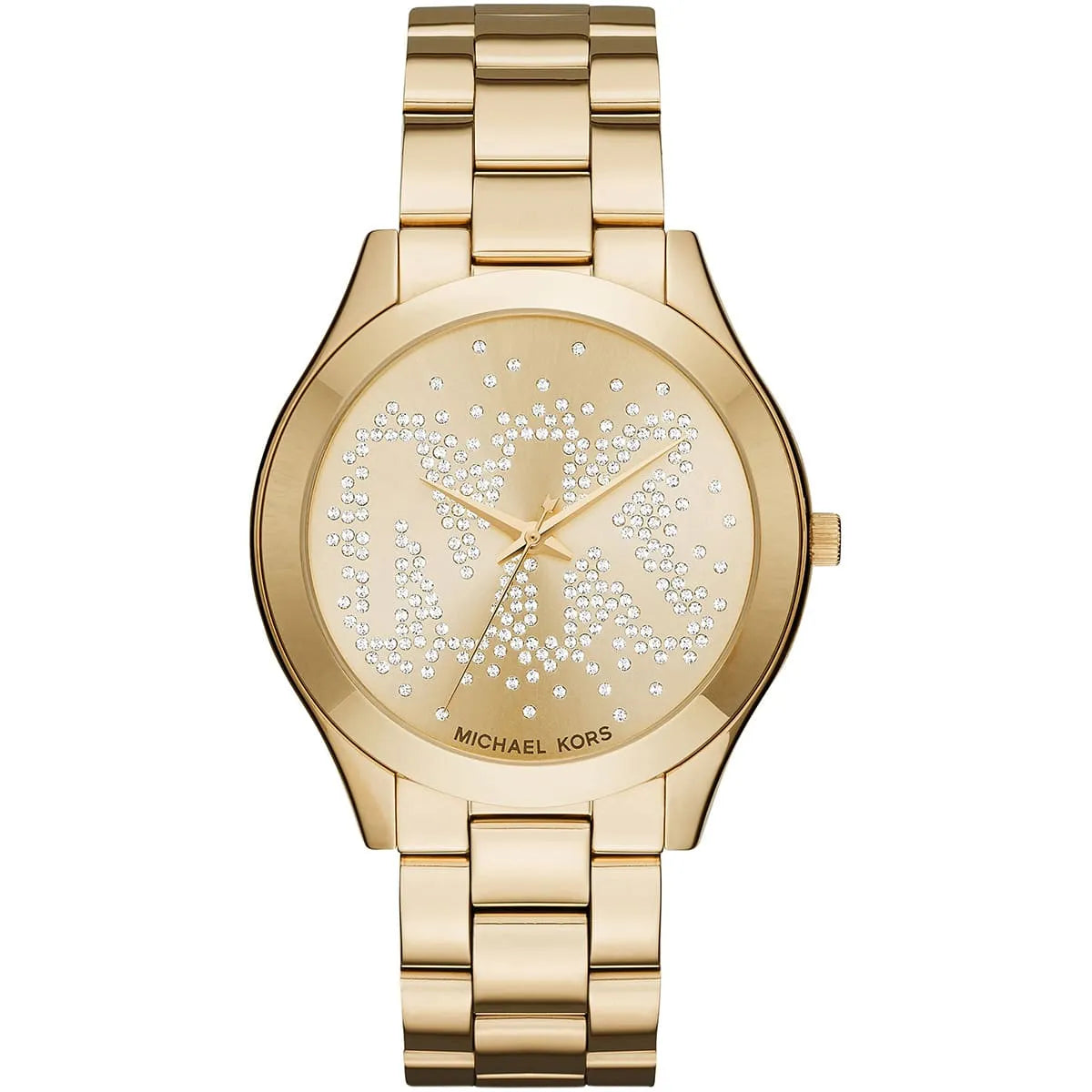 MICHAEL KORS GOLD METAEL BAND WITH GOLD CUTOUT CRYSTAL MK LOGO MK3590
