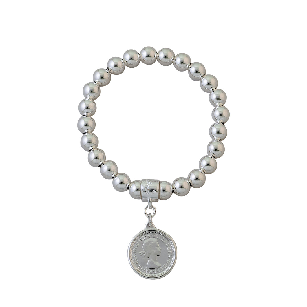 SILVER 8MM STRETCHY BRACELET WITH SIXPENCE