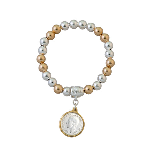 TWO TONE STRETCHY BRACELET WITH SIXPENCE